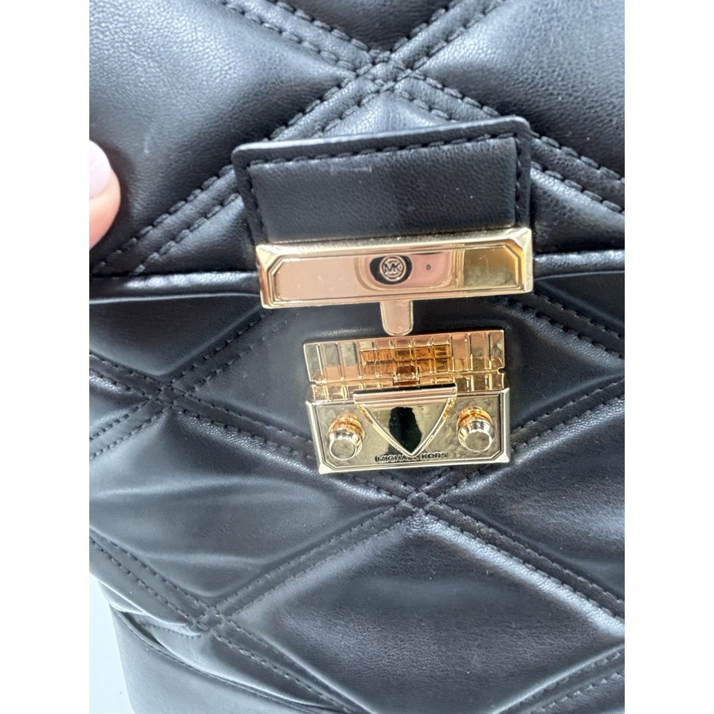 Michael Kors Serena Backpack Quilted Leather Flap Black & Gold mult pockets MED - Picture 11 of 14